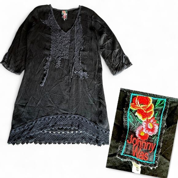 Johnny Was Tops - Johnny Was Tunic Mini Dress Black Embroidered Whimsigoth Boho Fairygoth Sz Small